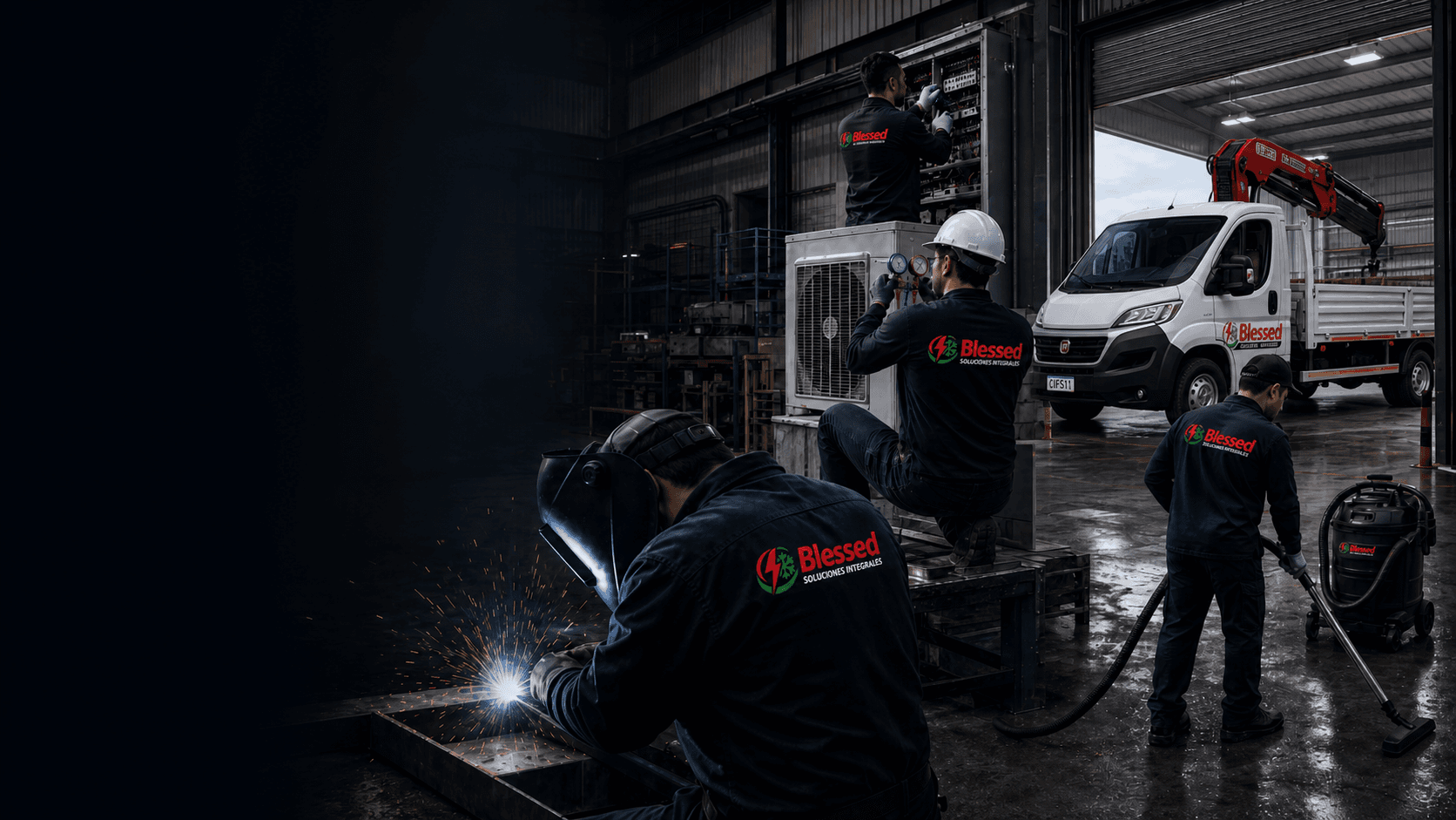Equipo de Blessed Soluciones Integrales realizando servicios industriales de mantenimiento, montaje, limpieza técnica y soporte operativo