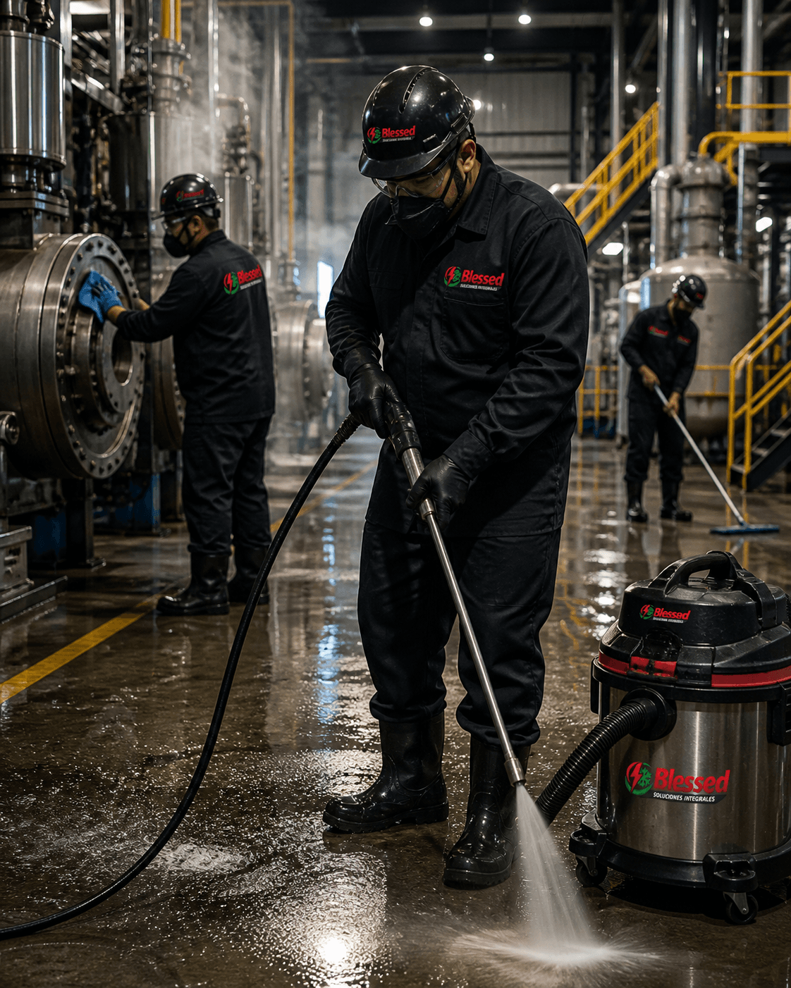 Equipo de Blessed realizando limpieza técnica industrial en una planta productiva