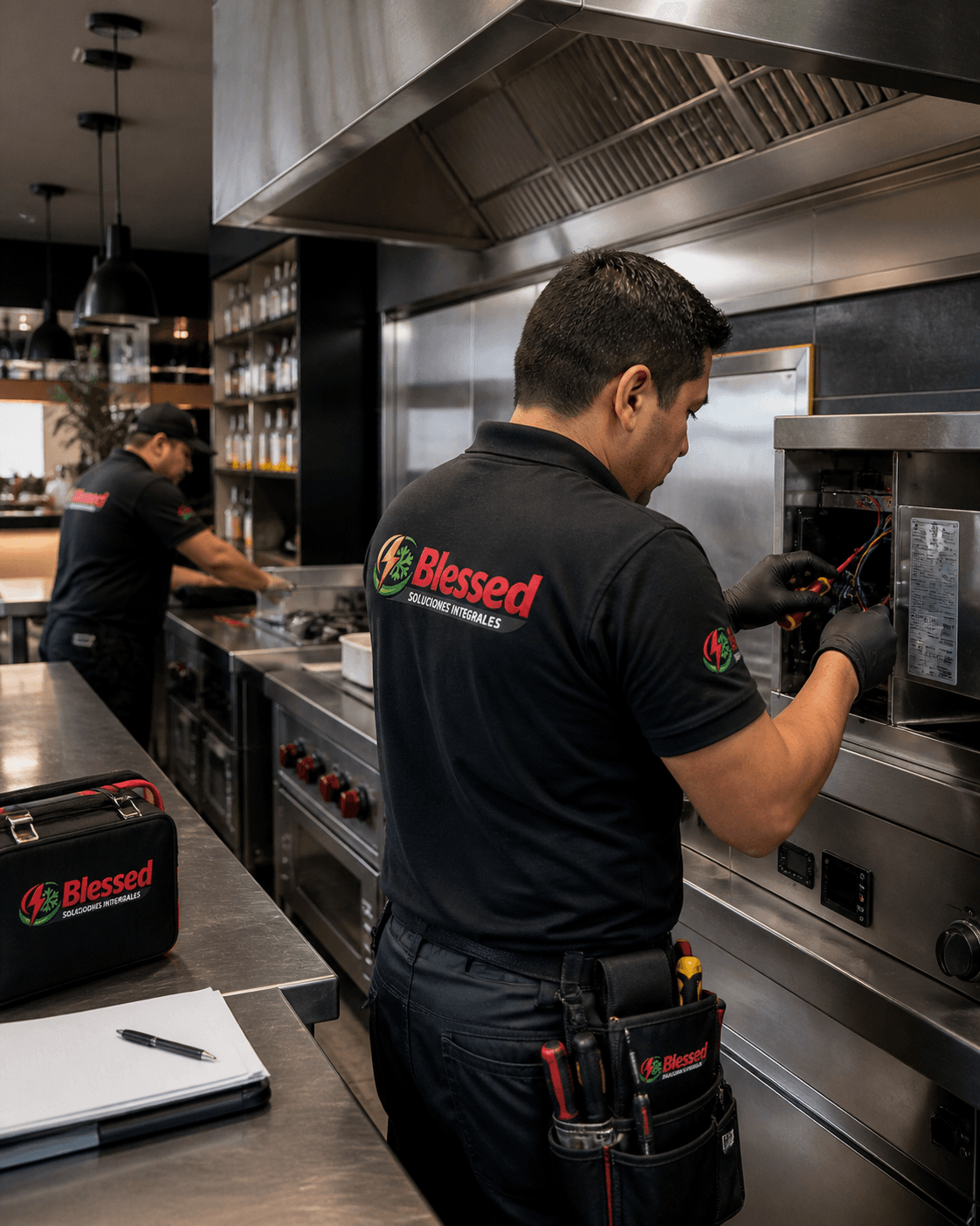 Equipo de Blessed realizando mantenimiento técnico en cocina industrial y equipamiento gastronómico